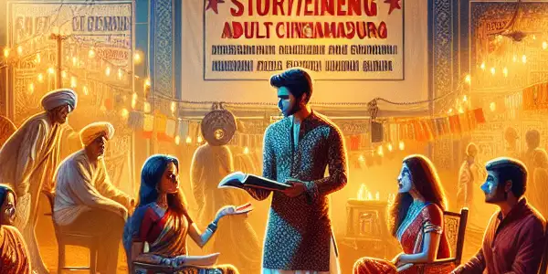 A film studio blending Bollywood vibrancy with intimate indie aesthetics, showcasing actors discussing erotic storytelling.