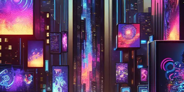Futuristic cityscape with neon lights, diverse people viewing adult content on high-tech devices, emphasizing privacy and safety.