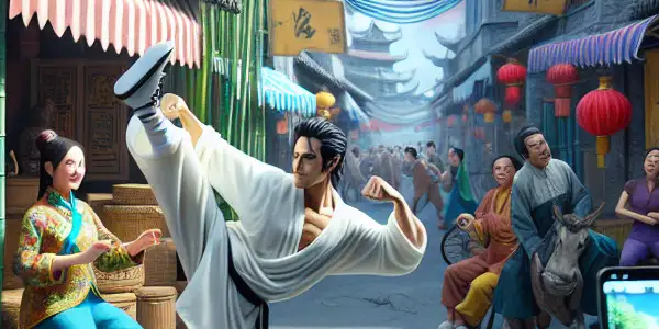 A bustling traditional Chinese street scene with a martial artist performing Kung Fu, surrounded by colorful market stalls and people.