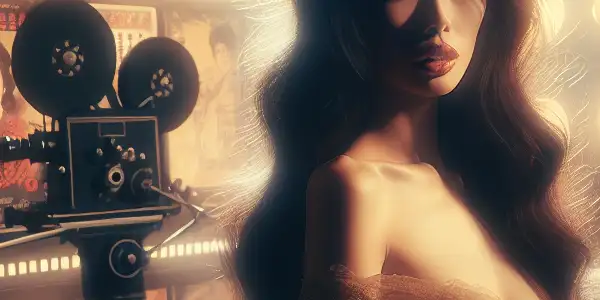 A glamorous woman in a vintage film studio, embodying classic Asian cinema with elegance and intrigue.