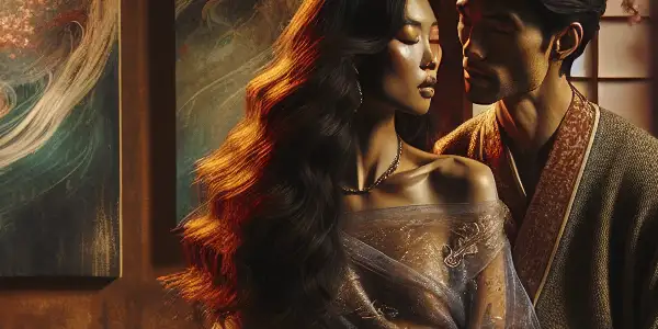 A couple shares an intimate, passionate moment in a softly lit, romantic room adorned with abstract art and Japanese elements.