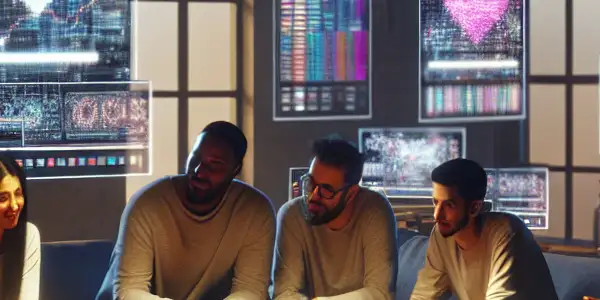 A cozy discussion among diverse individuals in a tech-savvy room focused on adult film recommendations.