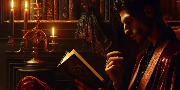 A dimly lit room with a figure reading seductive novels, surrounded by candles and plush fabrics.
