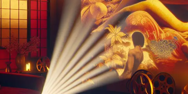 A cozy, dimly-lit room featuring a vintage projector, film reels, and silhouettes of couples, evoking intimacy and desire.