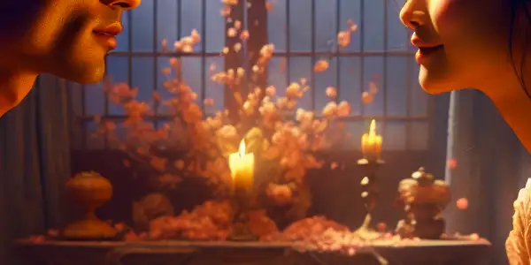 A tender couple shares an intimate moment in a softly lit, romantic room filled with warm hues and subtle details.