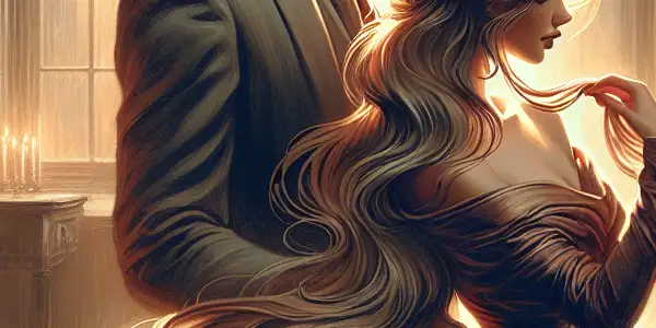 A passionate moment between two lovers in a softly lit, intimate setting.