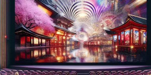 A vibrant modern cinema interior filled with diverse individuals engaged in animated discussions, showcasing abstract visuals and rich colors.