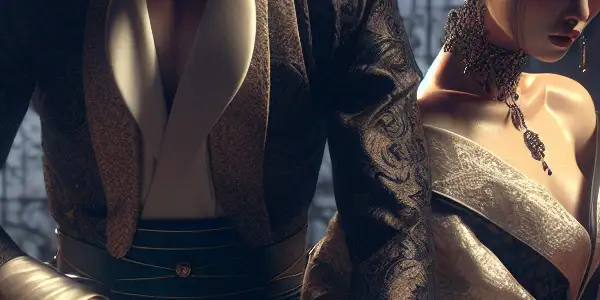 A dramatic scene depicting a dominant figure in elegant attire and a submissive character in delicate clothing, exploring power dynamics.