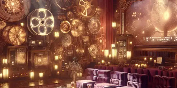 A luxurious digital lounge featuring film reels and glowing screens showcasing diverse adult content in a moody atmosphere.