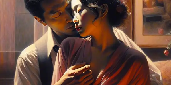 A passionate couple shares an intimate moment in a softly lit, romantic setting filled with warmth and emotion.