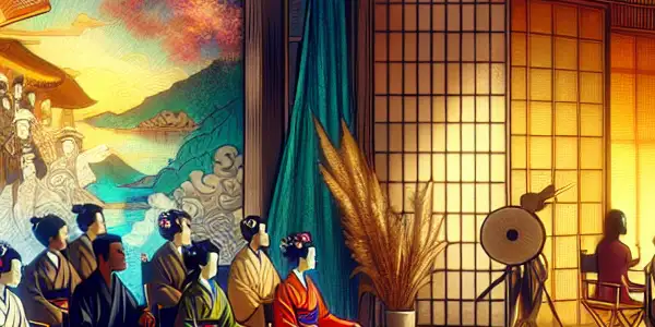 A vibrant scene in a Japanese film studio featuring actors in elegant costumes, blending traditional and modern aesthetics.