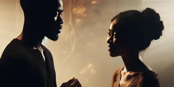 A dimly lit intimate scene featuring two characters in a passionate embrace, with shadows suggesting darker themes.<a href=