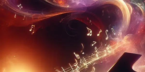 A dimly lit piano scene with swirling musical notes and dancing silhouettes, evoking emotional tension and allure.