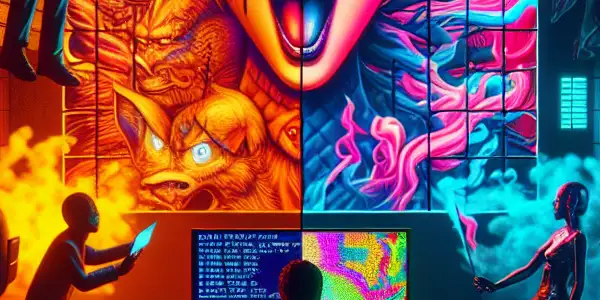 A dimly lit room contrasting allure and caution, featuring a vivid TV scene and shadowy figures representing psychological risks and privacy invasion.