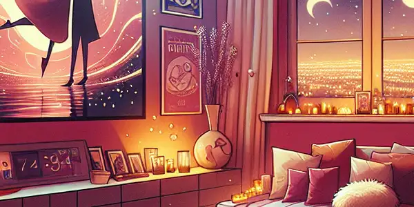 A cozy modern living room with a large screen displaying abstract romantic themes and anime-inspired decor.