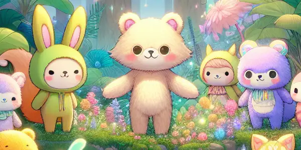 A whimsical furry fantasy world with playful anthropomorphic animals in a vibrant enchanted forest.