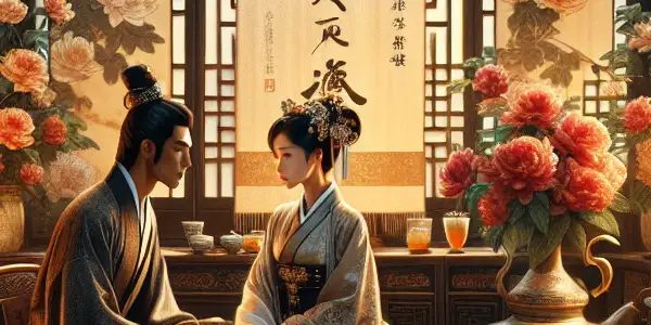 A couple shares an intimate moment in a traditional Chinese interior, surrounded by cultural symbols and warm lighting.