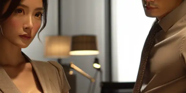 A seductive office scene featuring a confident female secretary and her charming male boss, hinting at forbidden attraction.