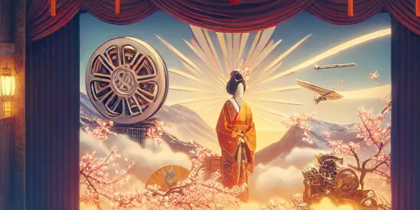 A vibrant movie theater scene celebrating Japanese adult films, featuring iconic actors, diverse audience, and nostalgic decor.