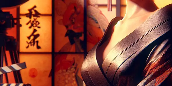 A charismatic female performer on a Japanese AV film set, blending traditional and modern aesthetics with an intimate atmosphere.