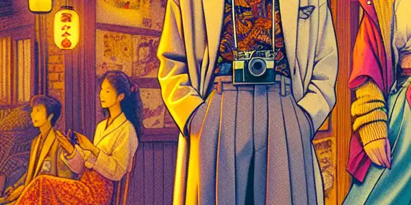 A nostalgic 80s-90s Japanese film set featuring a stylish couple, retro cameras, neon signs, and traditional izakaya decor.<a href=