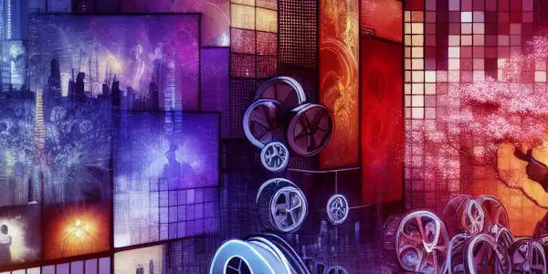 A vibrant digital landscape showcasing screens of adult films, featuring silhouettes of performers and elements of Japanese culture.