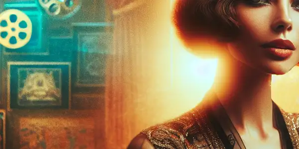 A glamorous actress in a dimly-lit lounge, exuding confidence and sensuality, surrounded by elegant decor and cinematic elements.