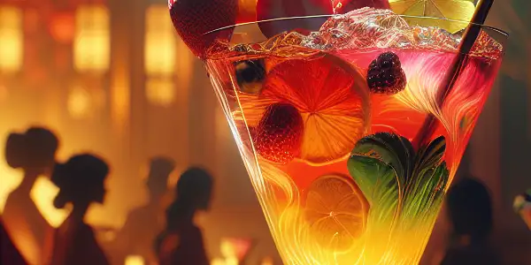 A sophisticated cocktail bar scene featuring a vibrant, erotic cocktail garnished with strawberries and citrus, exuding allure and intimacy.