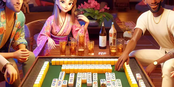 A lively Japanese room with a mahjong table, surrounded by playful characters in stylish outfits, exuding flirtation and excitement.
