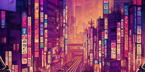 A vibrant neon-lit cityscape at night, featuring silhouettes and traditional Japanese motifs, evoking allure and intimacy.