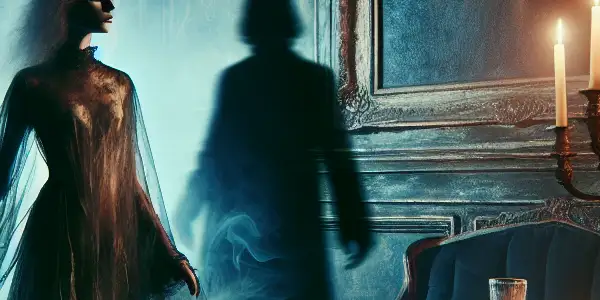 A hauntingly beautiful scene featuring a ghostly figure and a shadowy character in a dimly lit, vintage mansion.
