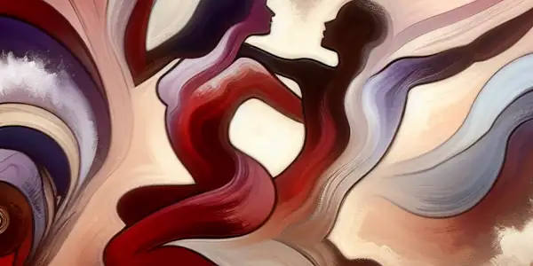 A dreamlike landscape featuring diverse silhouettes in passionate poses, blending Western and Japanese aesthetics with vibrant colors.