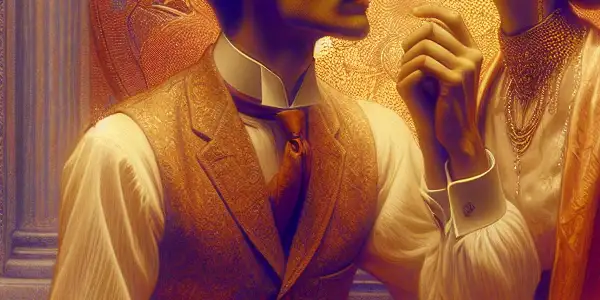 A romantic couple in an elegant setting, conveying intimacy with soft lighting and artistic elements.