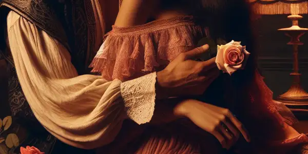 A romantic embrace between two figures in a dimly lit, intimate setting adorned with candles and a blooming rose.