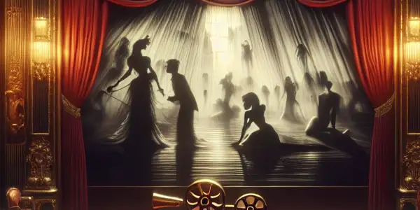 A glamorous vintage theater scene showcasing sensual silhouettes on screen, surrounded by opulent decor and a sultry atmosphere.