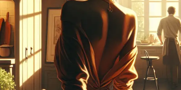 A woman in a cozy kitchen prepares a meal, exuding confidence and allure amidst inviting warm light and fresh ingredients.