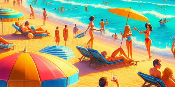 A lively beach scene with sunbathers, colorful umbrellas, and playful interactions, evoking romance and summer joy.
