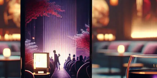 A modern lounge with a smartphone displaying an adult entertainment app, featuring a cozy and seductive atmosphere.