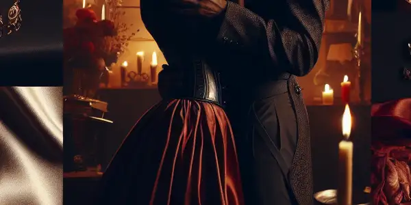 A romantic couple in an intimate moment, surrounded by elements of desire in a cozy, upscale setting.